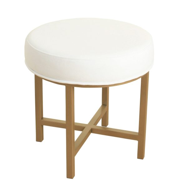 Round Shape Metal Framed Stool With Velvet Upholstered Seat, White And Gold By Benzara on Sale