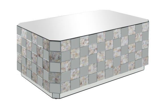 Wooden Coffee Table With Checkered Pattern Mirror Insets, Silver By Benzara Online Sale