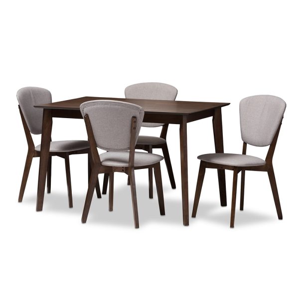 Baxton Studio Tarelle Mid-Century Modern Walnut-Finished Light Grey Fabric Upholstered 5-Piece Dining Set Fashion - Image 2