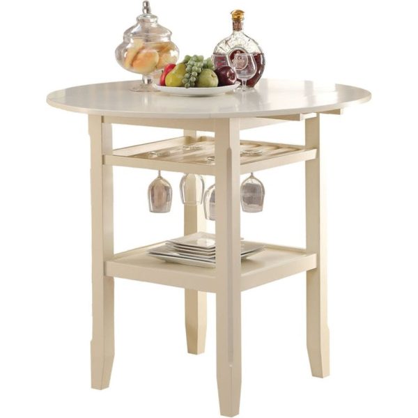 Round Wooden Counter Height Table With Wine Glass Shelf, Cream By Benzara Supply