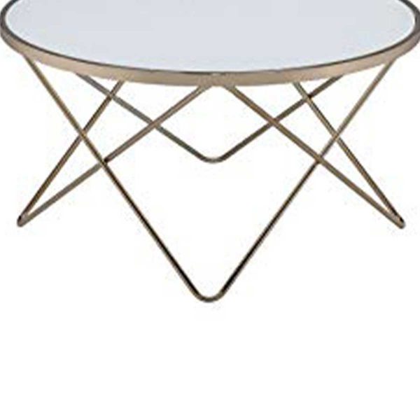 19  Round Glass Top Coffee Table With V Legs, White And Gold By Benzara Cheap - Image 5