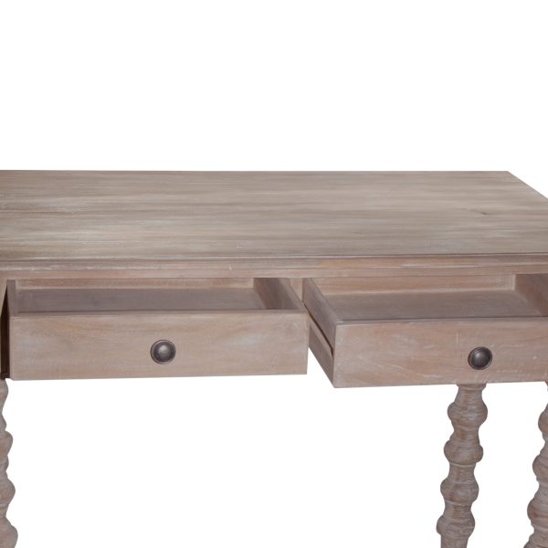 2 Drawer Classic Wooden Desk With Turned Leg Support, Distressed Brown By Benzara Fashion - Image 3