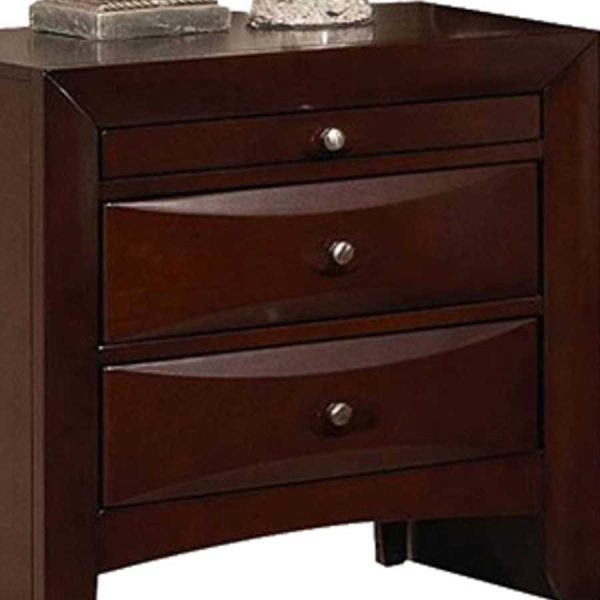 Contemporary Style Wooden Nightstand With Three Drawers And Metal Knobs, Brown By Benzara Online - Image 3