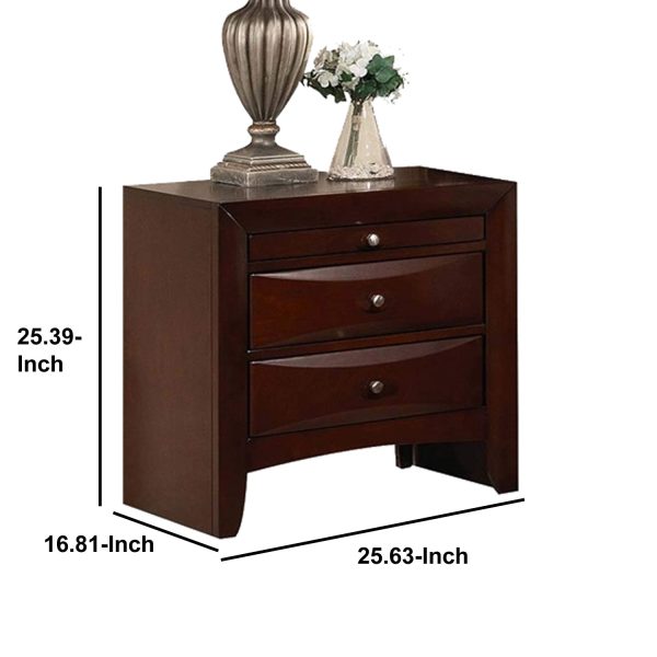 Contemporary Style Wooden Nightstand With Three Drawers And Metal Knobs, Brown By Benzara Online - Image 2