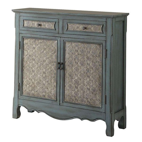 2 Door Cabinet Wooden Console Table With Scalloped Apron, Distressed Blue  By Benzara Online Sale - Image 3