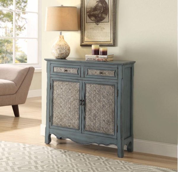 2 Door Cabinet Wooden Console Table With Scalloped Apron, Distressed Blue  By Benzara Online Sale - Image 2