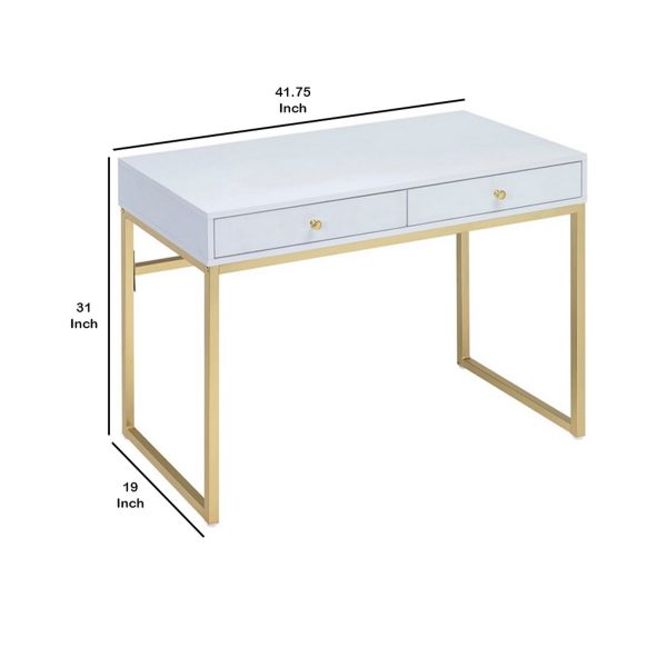 2 Drawer Wooden Desk With Sled Base, White And Gold By Benzara Sale - Image 5
