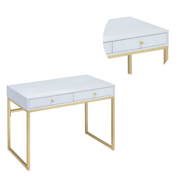 2 Drawer Wooden Desk With Sled Base, White And Gold By Benzara Sale - Image 3
