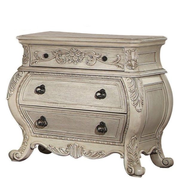 Three Drawer Wooden Nightstand With Scrolled Feet, Antique White By Benzara Cheap