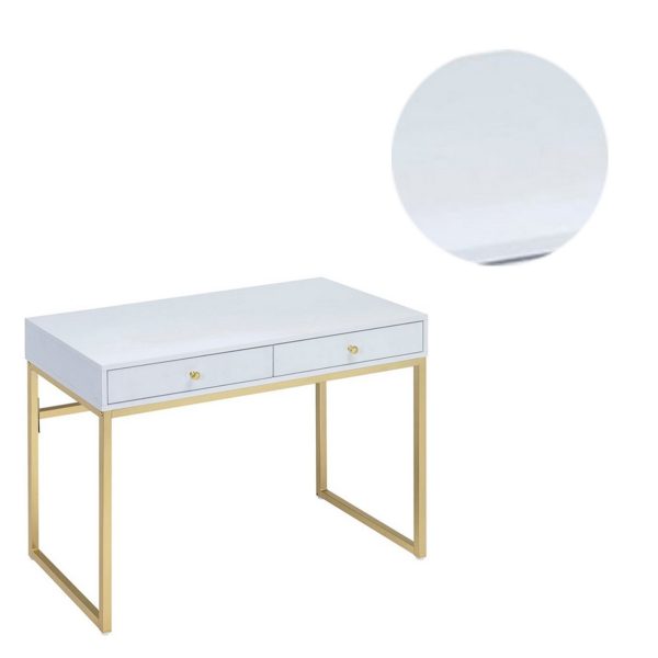 2 Drawer Wooden Desk With Sled Base, White And Gold By Benzara Sale - Image 4
