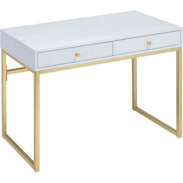 2 Drawer Wooden Desk With Sled Base, White And Gold By Benzara Sale