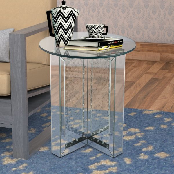 23  Inch Round Mirrored End Table With Glass Top, Silver By Benzara Online Hot Sale - Image 2